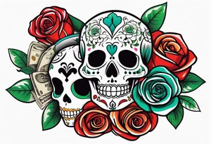 dia de los muertos airbrushed
 skulls with money roses with the name CORREA tattoo idea