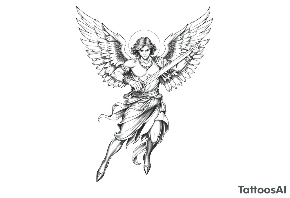 Archangel Michael holding a sword, ready for battle, defeating Lucifer tattoo idea