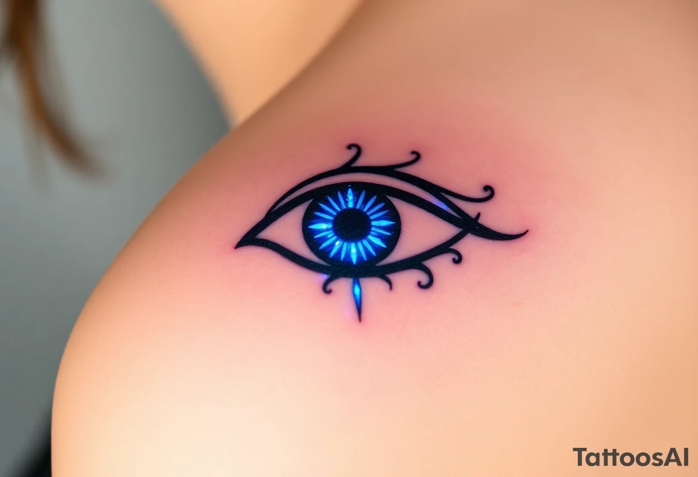 An Erudite eye symbol with glowing blue veins, representing sci fi movie Divergent tattoo idea