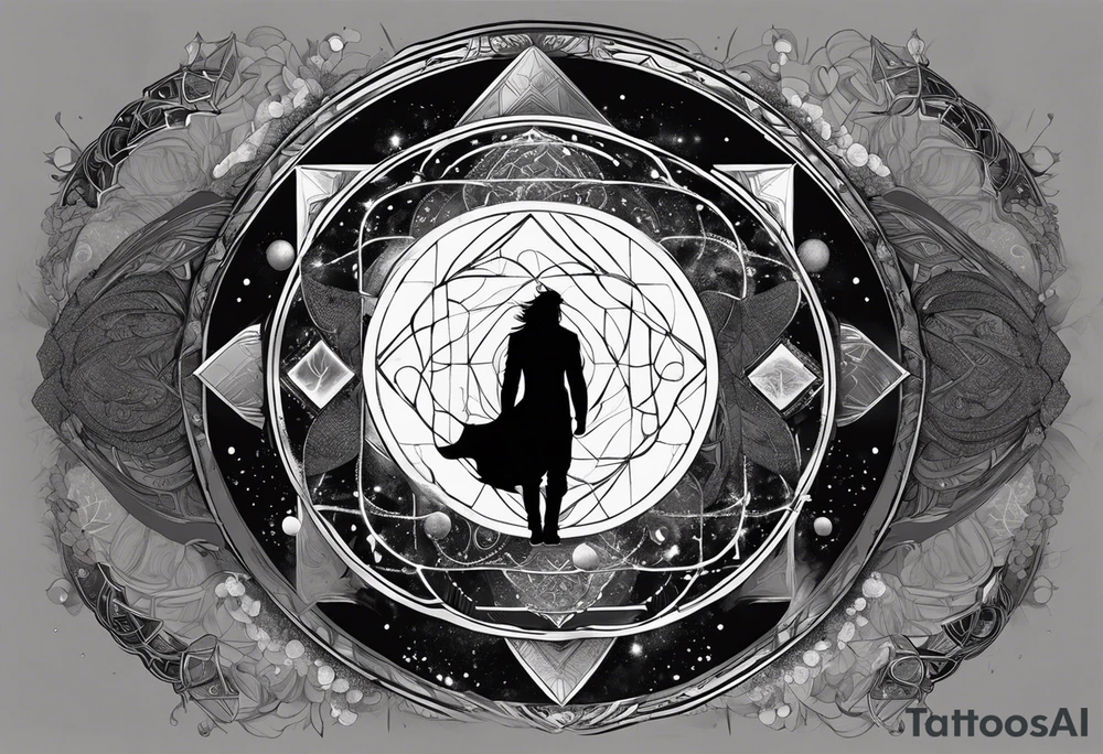 Jehovah looking out at the marvels of his creation from the atoms to the galaxy and celestial beings. With grey wash and a fantasy theme. Jehovah has to be a character who is so majestic, charismatic, immensely powerful. There isnt a single thing he isnt capable of doing. Infinitely powerful forward facing tattoo idea