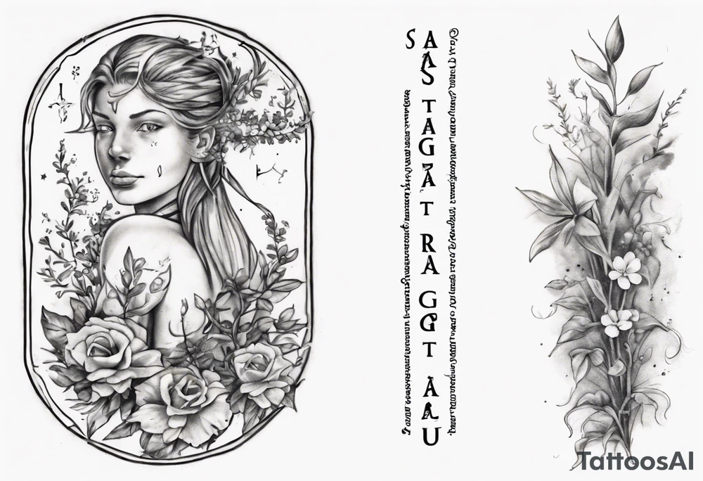 a forearm tattoo with little plants around the word sagittarius and underneath it the date 12.08.05 tattoo idea