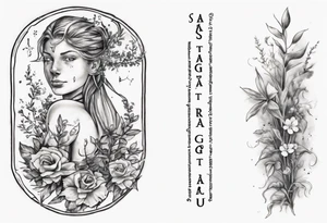 a forearm tattoo with little plants around the word sagittarius and underneath it the date 12.08.05 tattoo idea