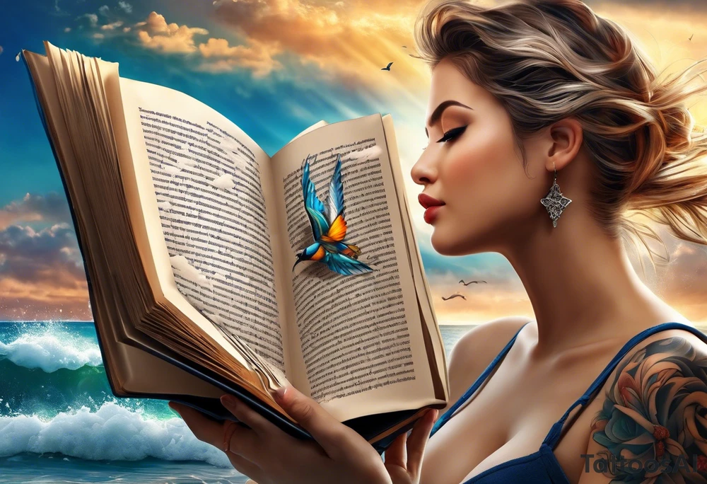 Someone is sitting on the beach reading a book and the pages are flying in the wind, the purpose of the tattoo is to emphasize that just as the pages are flying in the wind, you also have to flip through situations in life tattoo idea