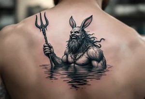 laughing poseidon in calm water, holding a trident, holding a beer, with bunny ears tattoo idea