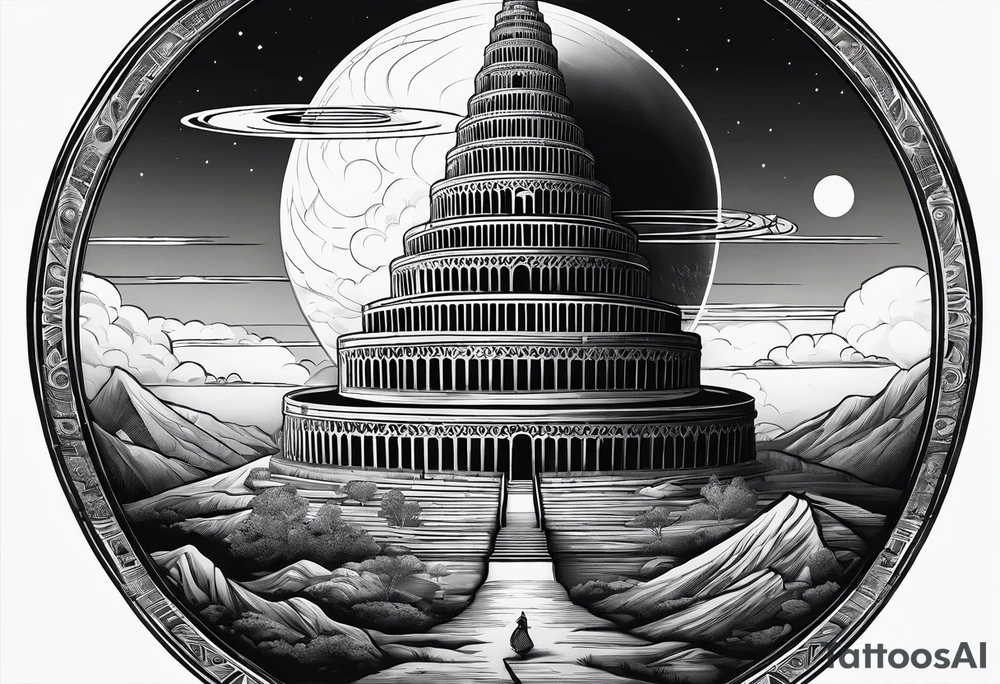 Babel tower with a saturn sunset tattoo idea