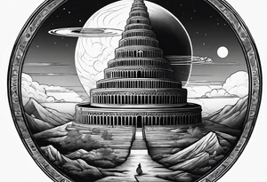 Babel tower with a saturn sunset tattoo idea