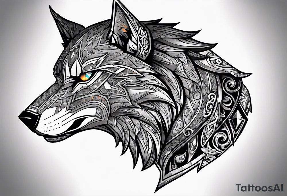 Legend of zelda link wolf in side profile muzzle facing th ebottom 
, in the center of his forhead is a diamond shape with a dot in the middle done in the style of black line work.  His mouth should be open snarling tattoo idea