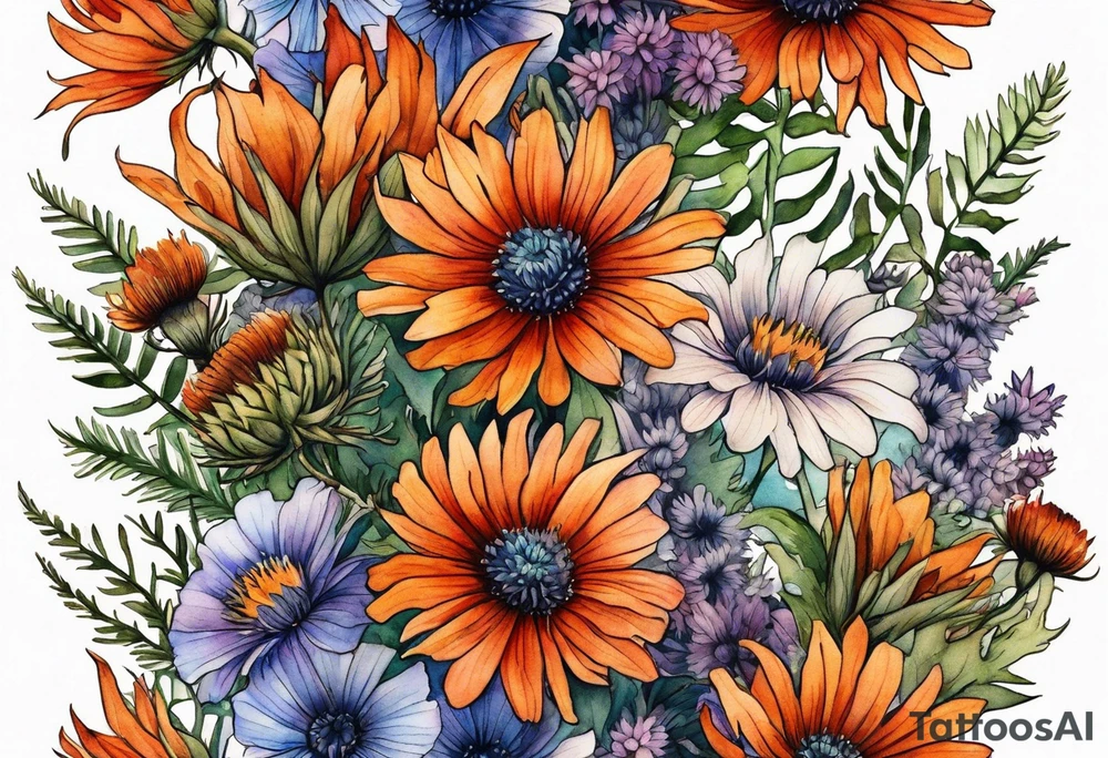 cascading wildflowers with thistles, ferns, burnt orange flowers all in color tattoo idea