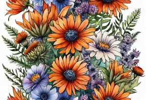 cascading wildflowers with thistles, ferns, burnt orange flowers all in color tattoo idea