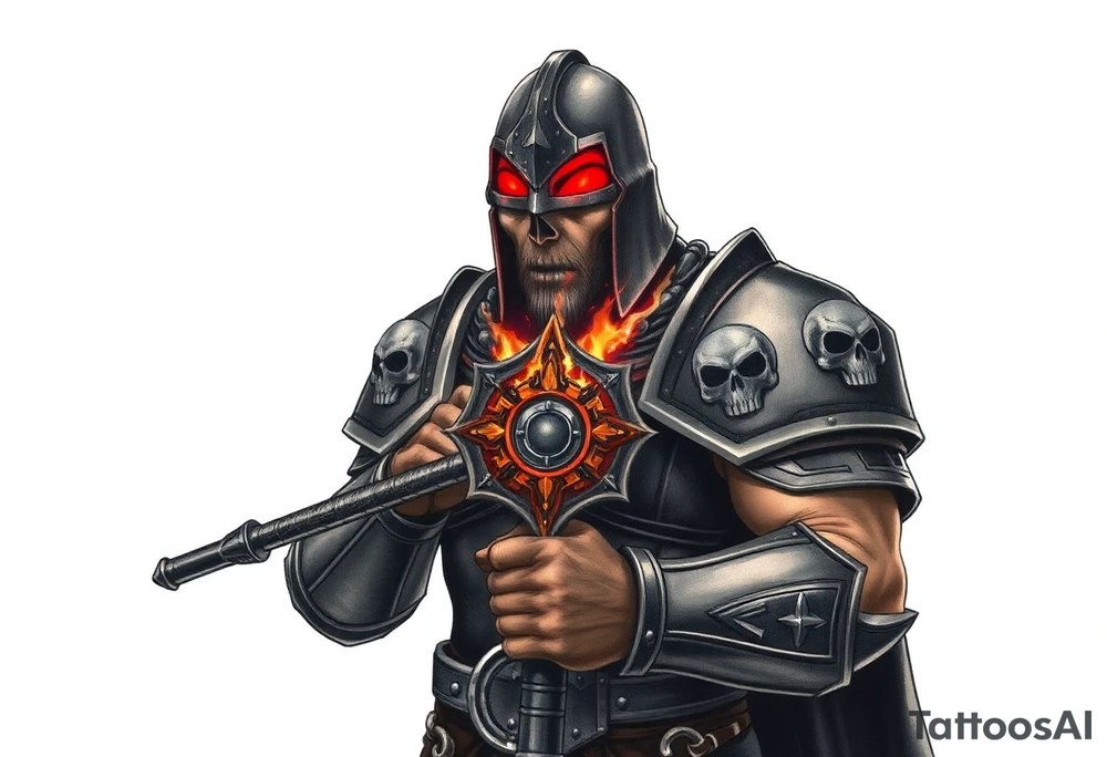 Warhammer, the Old World. A warrior priest of Sigmar holding The Warhammer of Sigmar. The Warhammer of Sigmar is radiating thunderous energy. The Warhammer is held by the warrior priest with both hands upon his chest level. The Warrior priest is wearing dark alloyed heavy armour with skull sigils on his shoulder pads. The warrior priest is wearing a fully head covered helmet, while the helmets front visor has an humanoid face covering. The helmet and armour are galdened with hints of gold and crimson red. tattoo idea