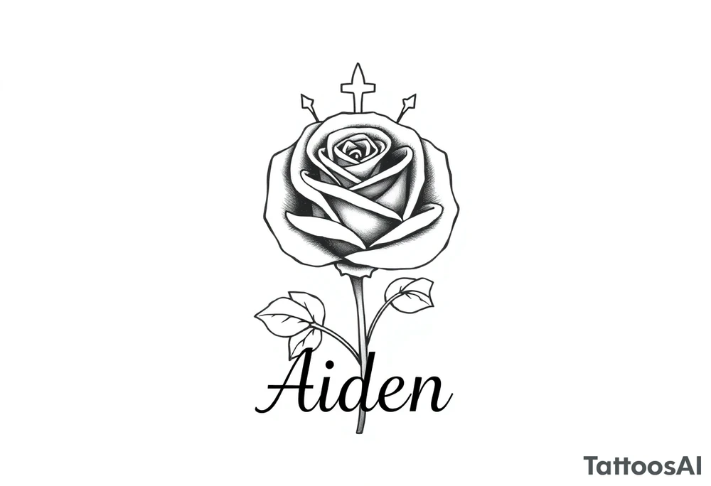 A Rose with a kings crown on it the name Aiden Infront of it bold tattoo idea