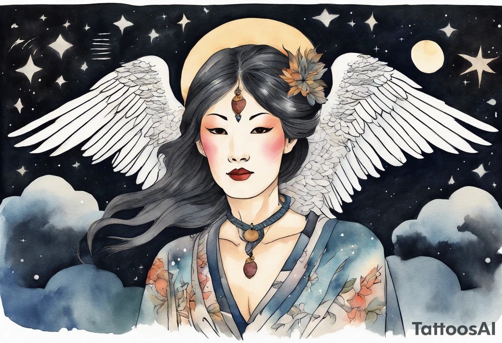 a beautiful 55 year old Dakota woman wearing a tunic, flying in the night sky with black wings, tattoo idea