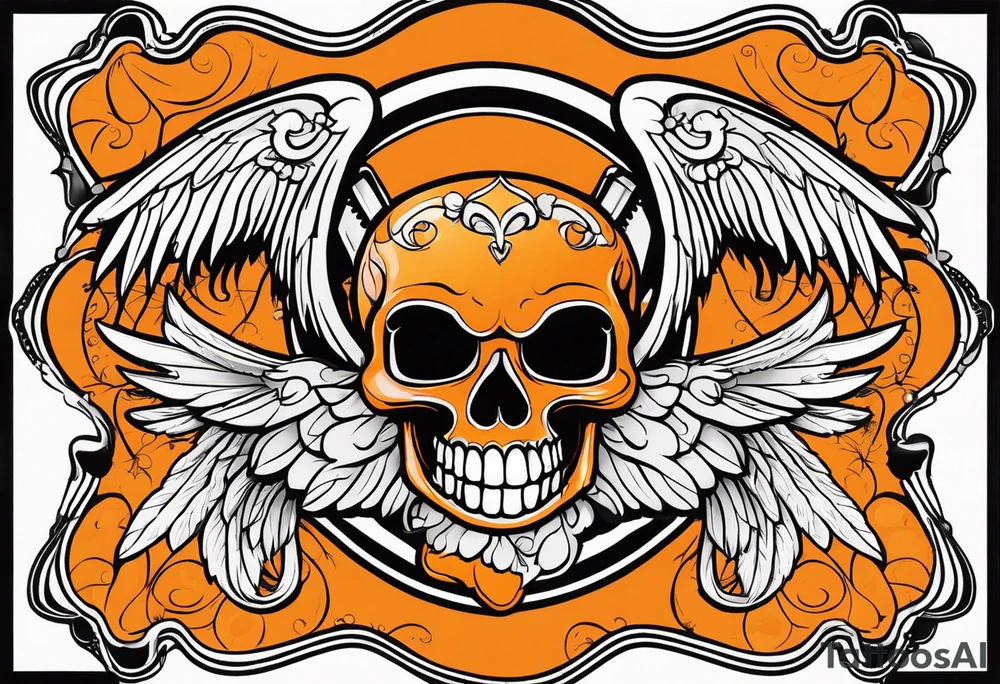 Angel skull laughing black and orange tattoo idea