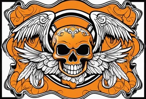 Angel skull laughing black and orange tattoo idea
