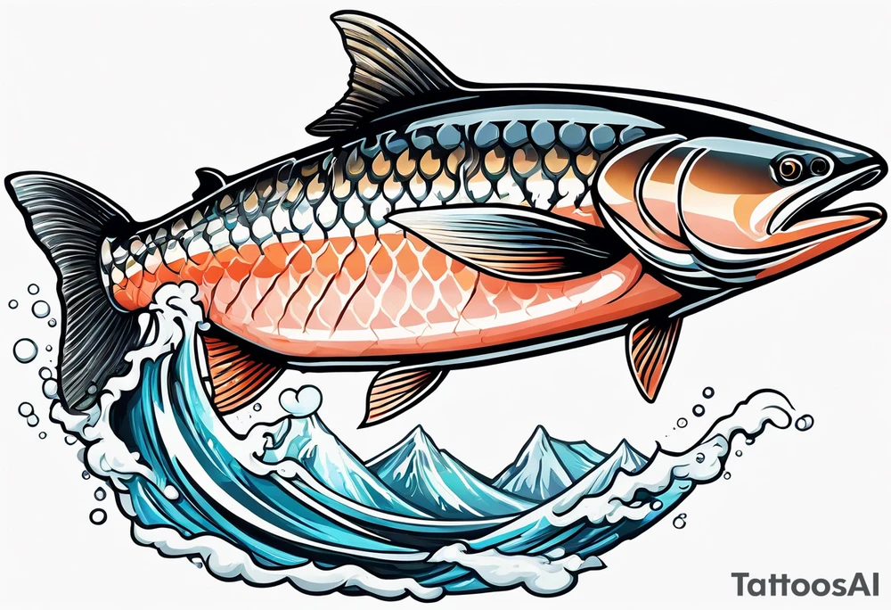 coho salmon fish with mountains and rivers inside of the body of the fish jumping through the air tattoo idea