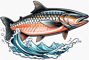 coho salmon fish with mountains and rivers inside of the body of the fish jumping through the air tattoo idea