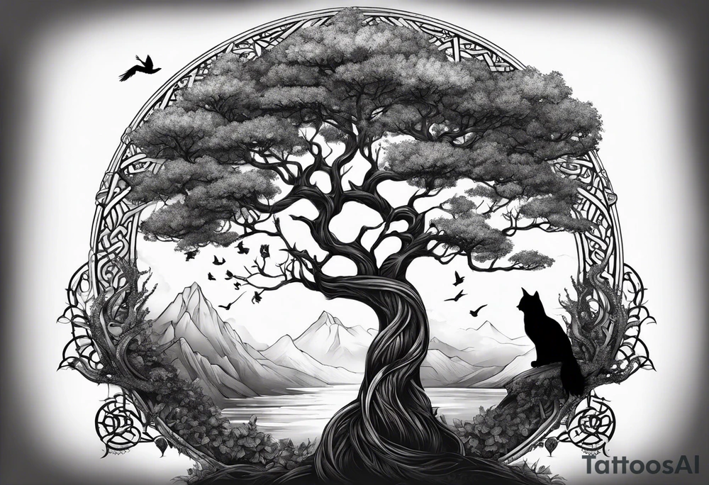 world tree with a cat and a raven and knotwork upper arm tattoo tattoo idea