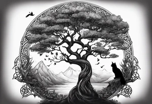world tree with a cat and a raven and knotwork upper arm tattoo tattoo idea