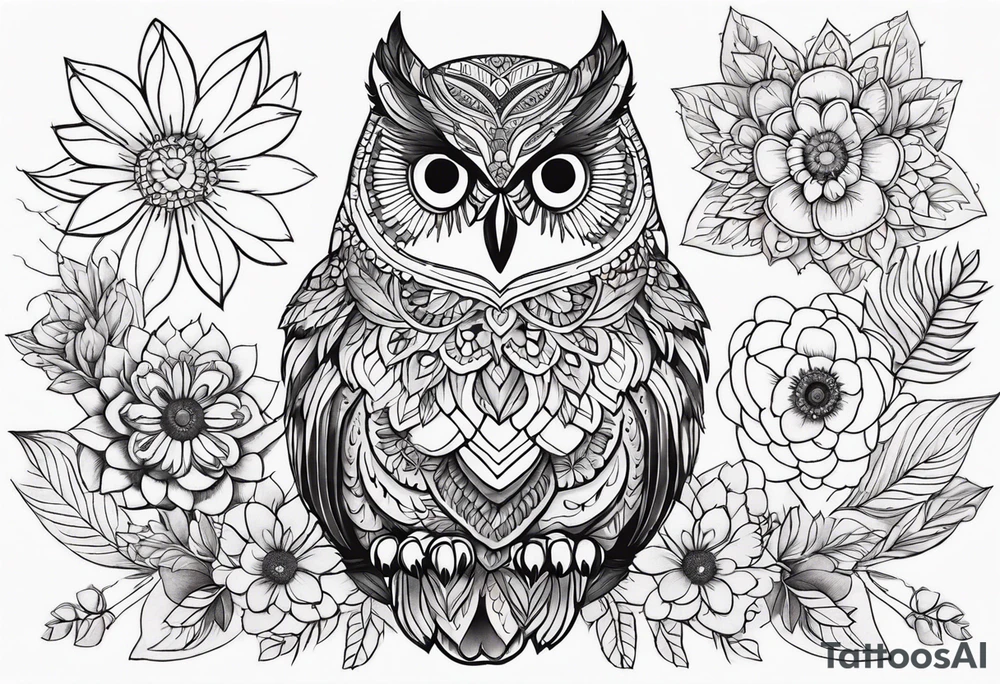 colorful mandala, boho, feminine, for upper back, leaves, owl, flowers tattoo idea