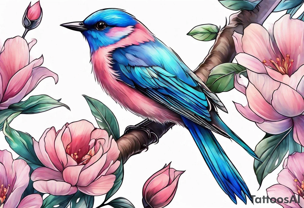Delicate pink and blue bird in flight tattoo idea