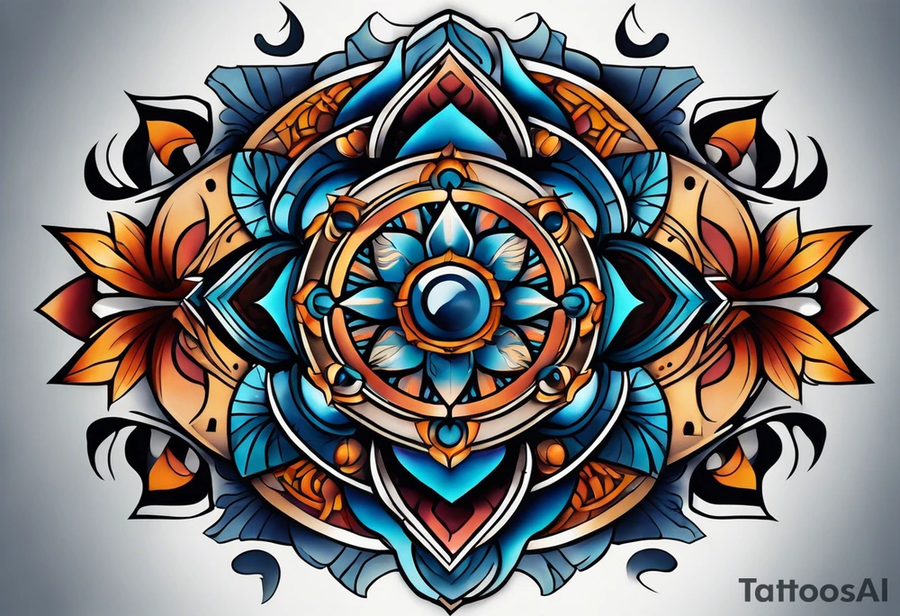 semi Detailed neo traditional knee tattoo flat on paper. The tattoo features geometric patterns and bold lines, creating a visually striking design with slight tints of deep fall colors. The background 
outside the tattoo features deep blues washes and water swirls tattoo idea