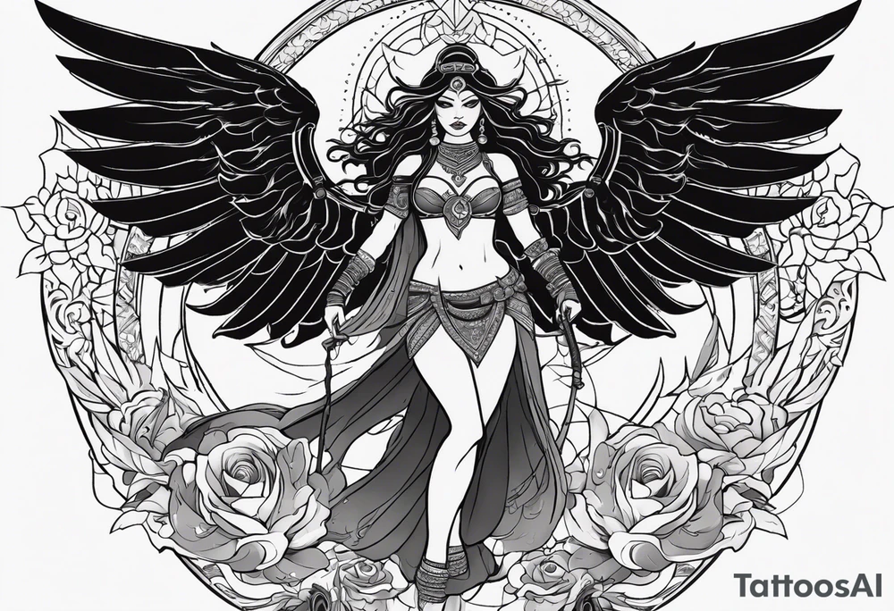 black kali, goddess pirate, alien, angel, pachamama, valkrye, warrior, flying, skull, lotus azul, wing, eagle, zenza resonance, stars, 5D, anahata chakra, death, durga, riding on a tiger, flying lady tattoo idea