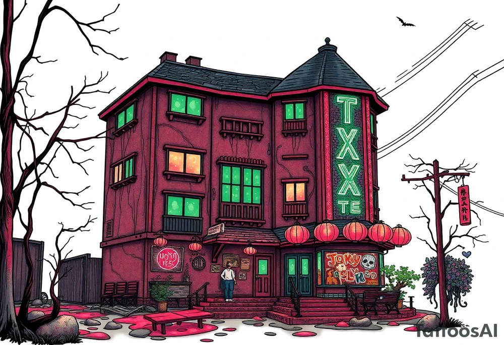 Tim Burton’s Tokyo sex hotel from outside viewis abandoned and dripping with muted reds, dusty pinks, and eerie green glow. tattoo idea tattoo idea
