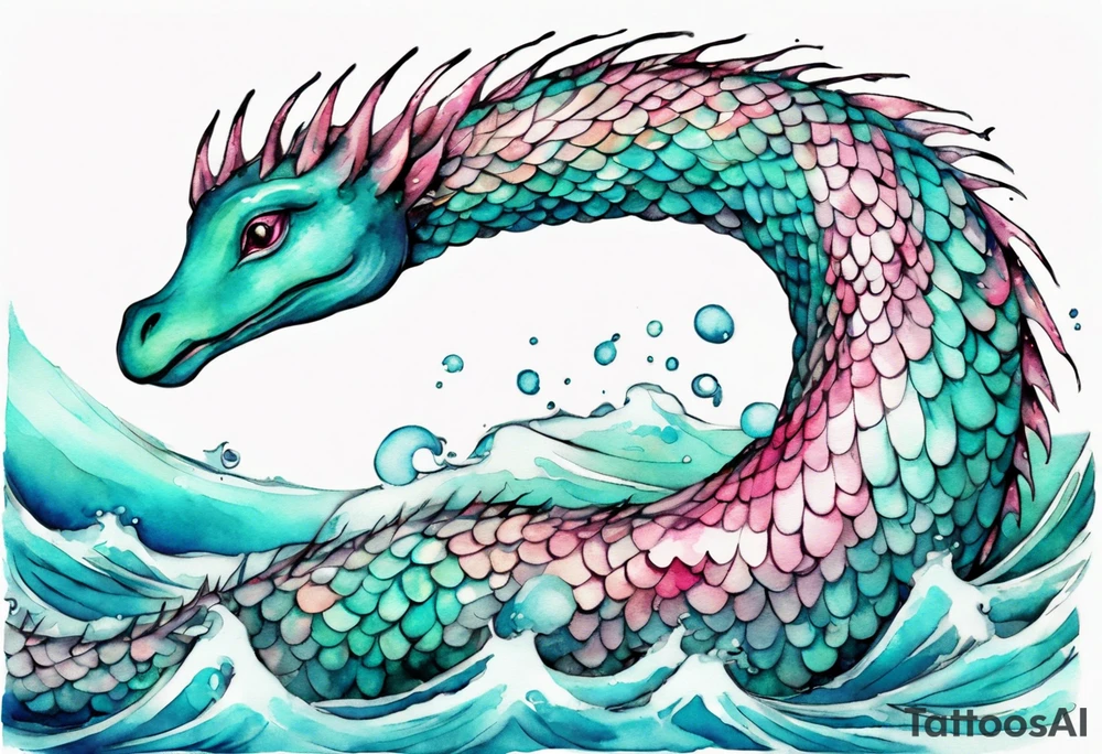 a beautiful Nessie with turquoise and pink scales emerging from the waves tattoo idea
