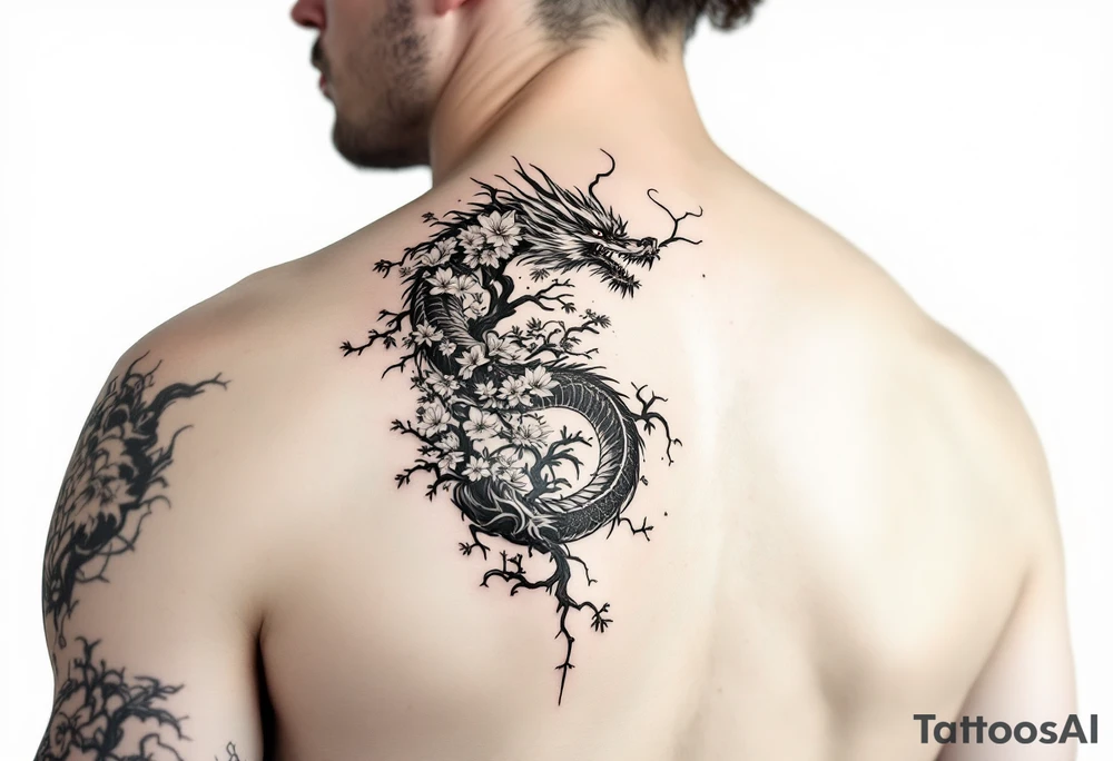 forearm sleeve tattoo, a dragon with a sakura tree tattoo idea forearm sleeve tattoo, a dragon with a sakura tree tattoo idea
