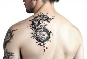 forearm sleeve tattoo, a dragon with a sakura tree tattoo idea