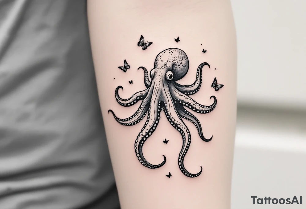 A small realistic black and grey tattoo of an octopus, cute, with detailed shading and soft linework, showing the octopus with swirling tentacles, on light skin. Butterflies flying around. The style is minimalistic and elegant, resembling fine-line tattoo with a shadow tattoo idea