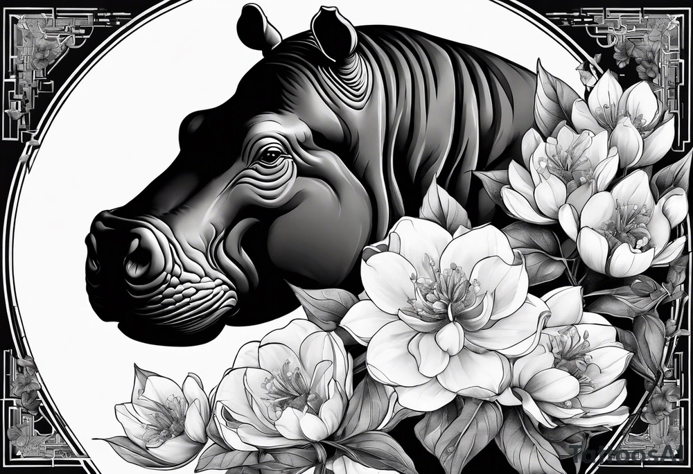 Very asymmetrical, +geometric pattern, with realistic full moon, with seeious looking hippo,,
with wintersweet flower bud, +portrait orientation, +inkart touch, tattoo idea