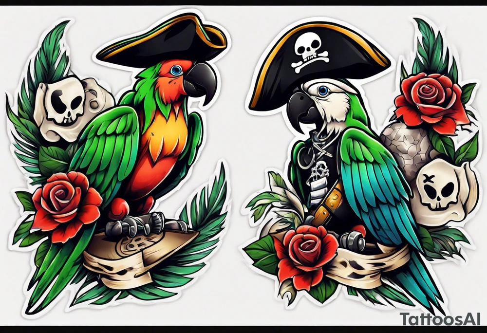 a chest tattoo of a traditionally colored parrot with a pirate hat tattoo idea