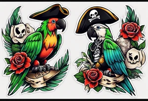 a chest tattoo of a traditionally colored parrot with a pirate hat tattoo idea