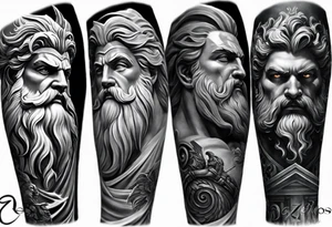 Full left arm tattoo sleeve with the Greek gods, Zeus, Poseidon and Hades. Zeus is at the left shoulder, Poseidon is at the left upper arm and Hades is at the left forearm. tattoo idea