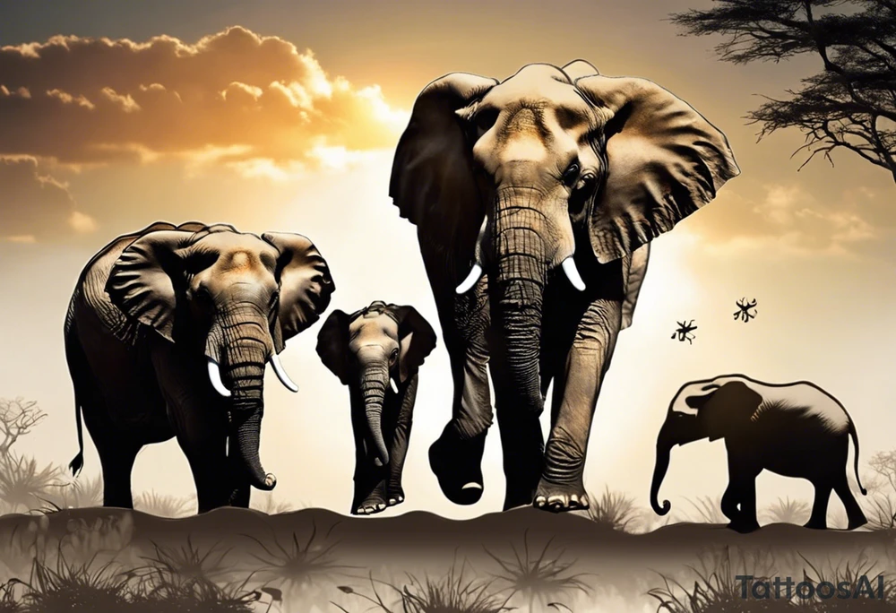 “AI, can you create a unique tattoo design for me? I envision three elephants – a small one in the front, the dad behind, and the mom behind the dad. I’d like the background to feature a rising sun and an African tree. Feel free to add your artistic touch and details to make it special.” tattoo idea