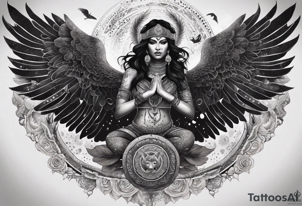 black kali, goddess pirate, alien, angel, pachamama, valkrye, warrior, flying, skull, lotus azul, wing, eagle, zenza resonance, stars, 5D, anahata chakra, death, durga, riding on a tiger, flying lady, kundalini, chest tatoo, samuri, rebel,serpent tattoo idea