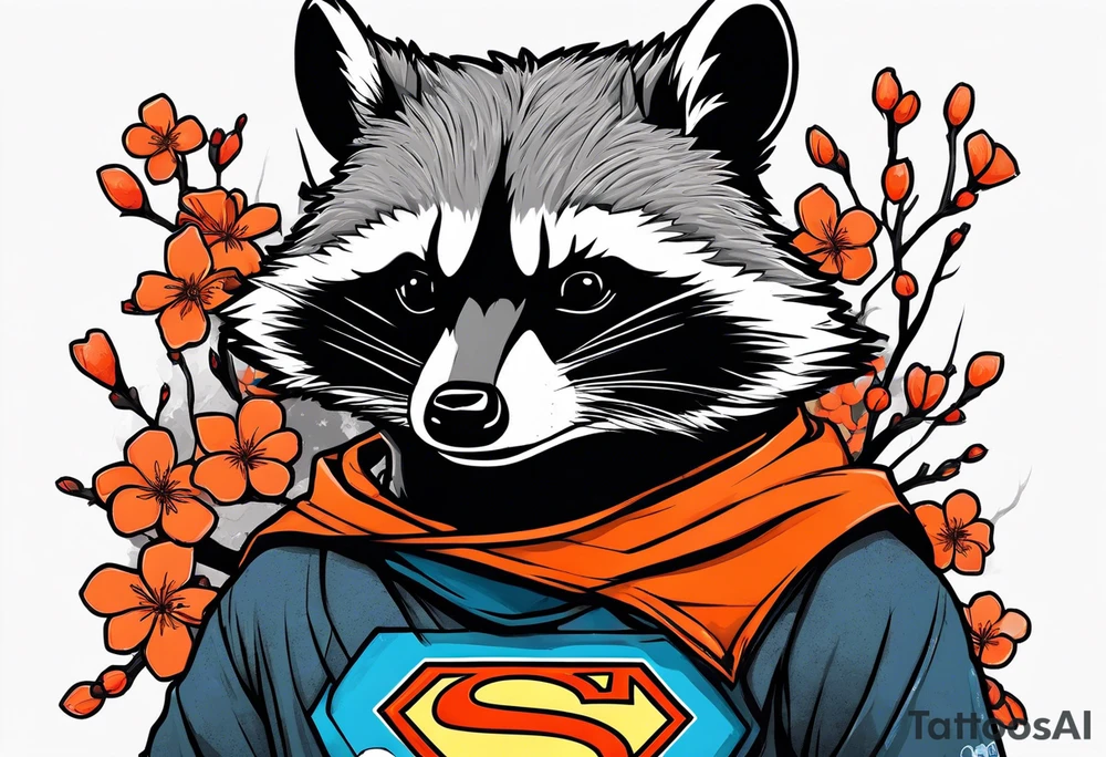 Raccoon wearing a white Superman logo on a black hoodie and orange Japanese cherry blossoms beside tattoo idea