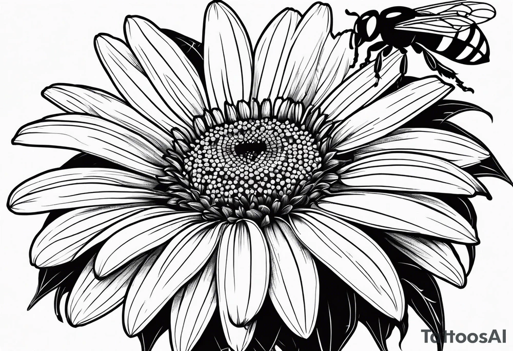 fine line drawing of gerber daisy hawaiian flowers and sunflowers with a bee and a lady bug tattoo idea