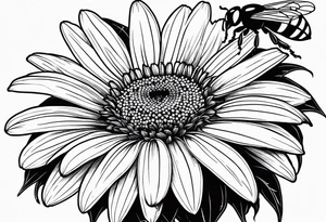 fine line drawing of gerber daisy hawaiian flowers and sunflowers with a bee and a lady bug tattoo idea