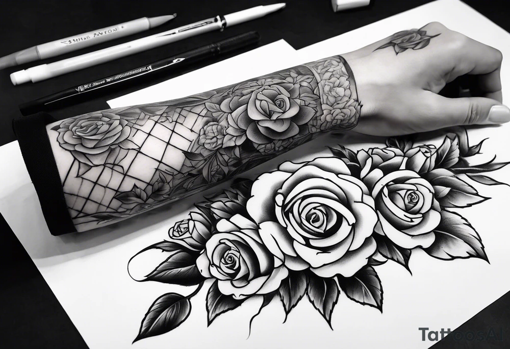 tattoo fool sleeve, old broken gothic home, broken sword, roses tattoo idea