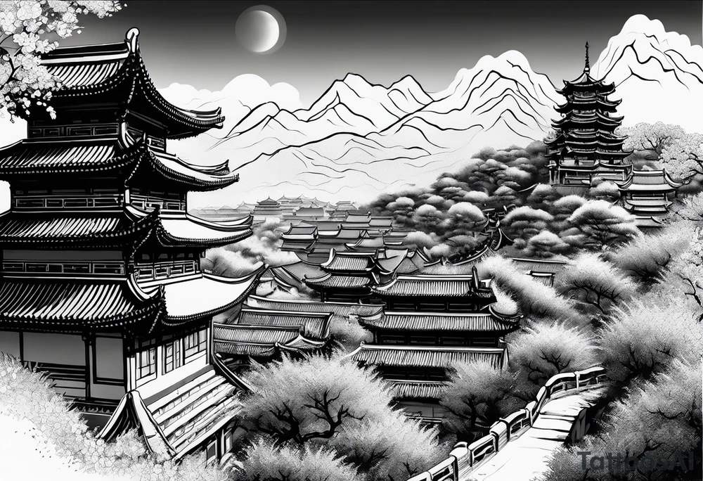 Chinese wall, realistic,chinese art, buildings, surroundings tattoo idea