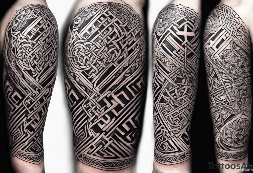 welsh, celtic sleeve tattoo with an infusion of technology tattoo idea