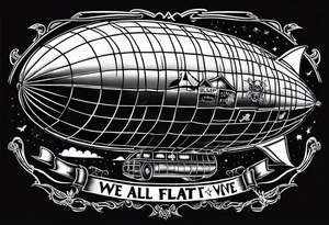 blimp that say "We All Float" going across it with Jason , Michael Myers, penny wise the clown, Chuck and hellraiser face engraved in the blimp tattoo idea