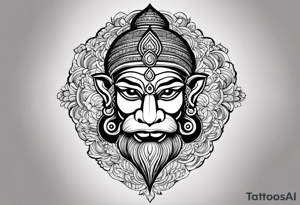 A simplified depiction of Hanuman, focusing on clean lines and minimal detail to capture his essence. Key features like his face, his mace (gada), and his posture could be subtly defined, without overwhelming detail. Avoid intricate textures, focusing more on silhouette and key symbolic elements.

ensure his entire body and tail 
can be seen tattoo idea