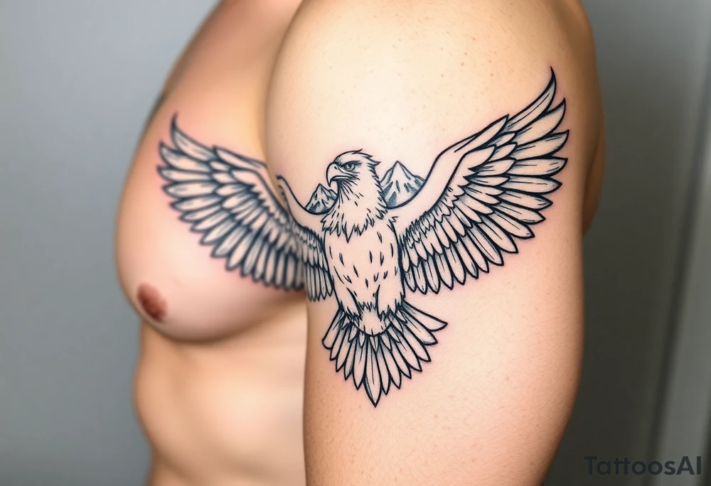 majestic eagle spreading wings against mountain peaks tattoo idea
