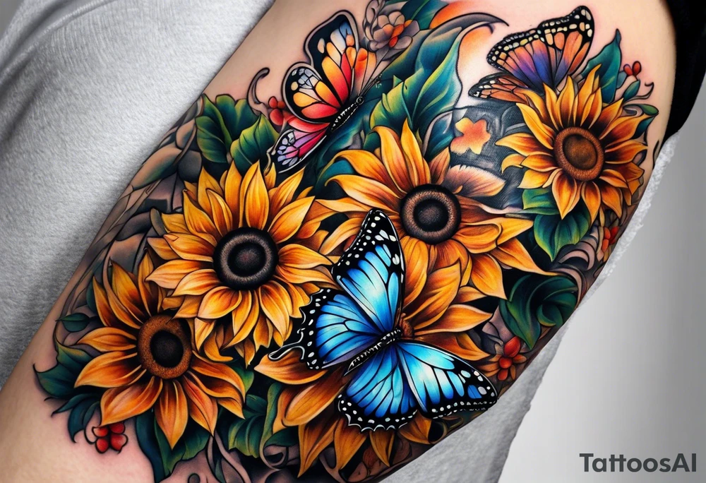 Sleeve with butterflies and sunflowers tattoo idea