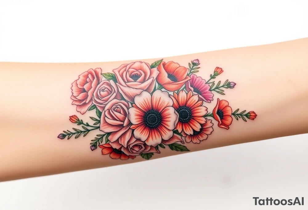 Bouquet of roses, carnations, marigolds, asters and poppies tattoo idea