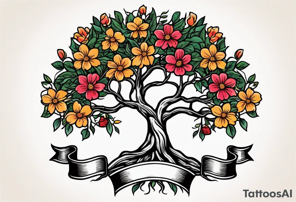 tree with roots 
and banner across

old school vintage simple traditional design with vintage flowers surrounding
bold color simple tattoo idea