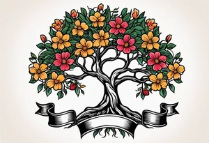 tree with roots 
and banner across

old school vintage simple traditional design with vintage flowers surrounding
bold color simple tattoo idea